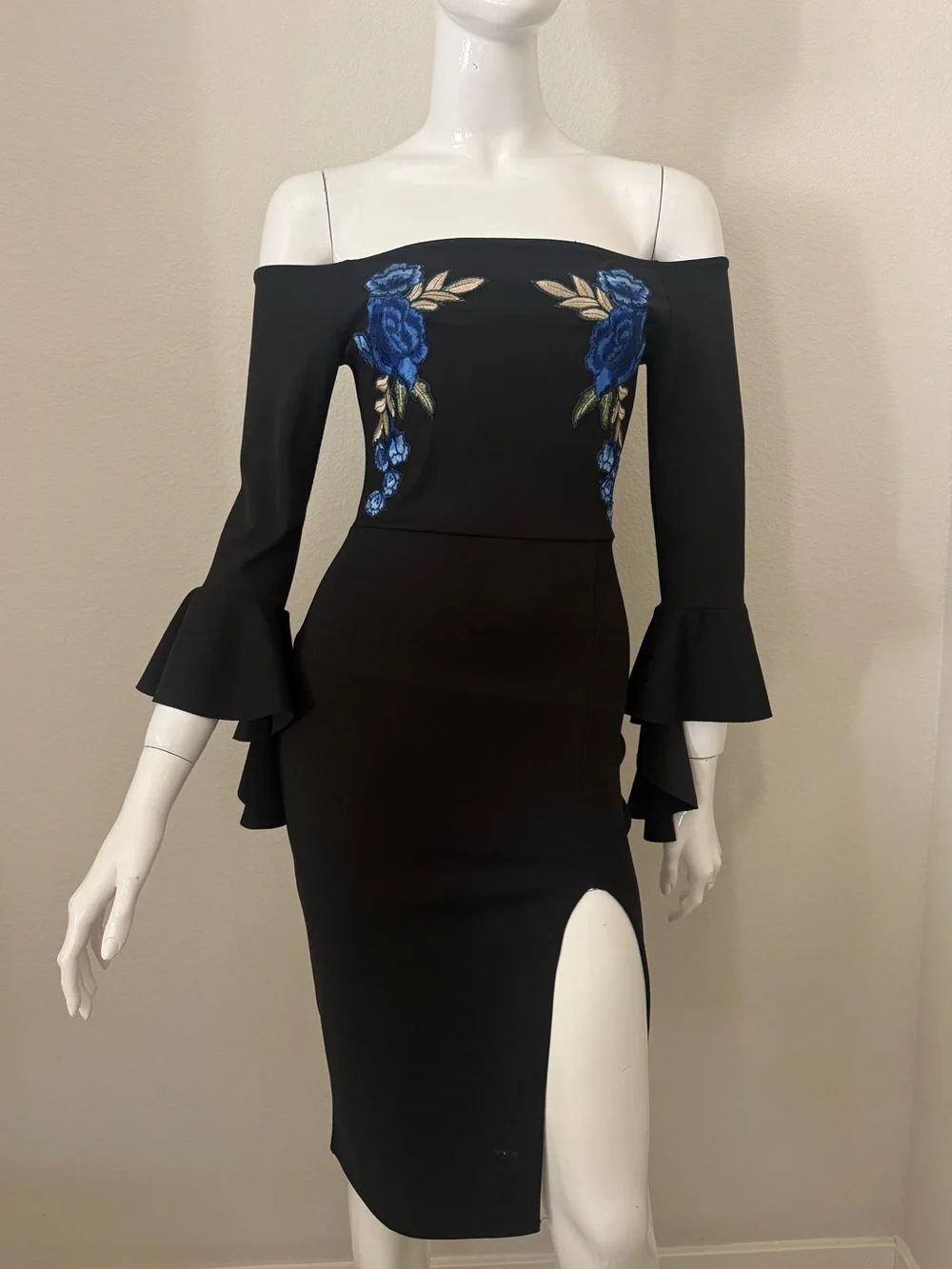 Missguided Black Off Shoulder Dress with Blue Rose Embroidery - Picture 1 of 7
